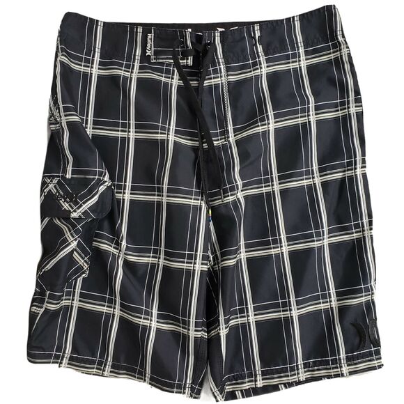 Hurley Mens Swim Trunks Size 32 Board Shorts Black Plaid Beach Drawstring Pocket - Picture 1 of 11